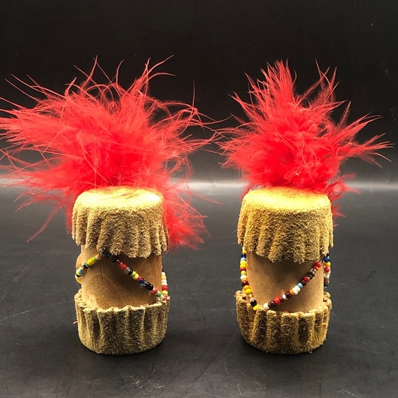 Vintage Feathered Leather and Wooden Drum Salt & Pepper Shakers - Picture 1 of 8